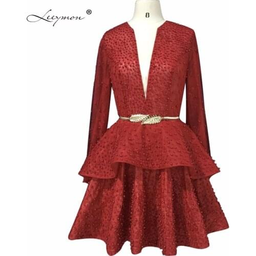 Leeymon Actual Photos Long Sleeves Cocktail Dress Wine Red Short Prom Dress 2019 for Women Customize size RW017