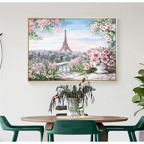 Modern Paint By Number DIY HandPainted Tower Flowers Scenery Oil Painting Living Room Wall Decoration Home Decor 40x50cm