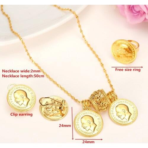 24k Gold Coin Jewelry sets,Ethiopian Coin set Necklace Twin Pendant Earrings Ring Habesha Wedding Eritrea Africa Arab Gift