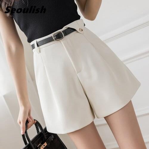 Seoulish 2021 New Summer Elegant Womens Suit Shorts with Belted High Waist A-Line Shorts Casual Loose Female Wide Leg Trouses