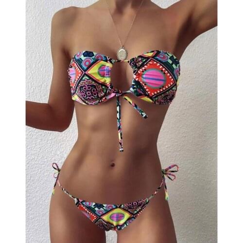 New Arrival 2021 Off Shoulder Bandeau Bikini Woman Split Triangle 2 Piece Swimsuit Swimwear Summer Print Beach Sexy Bathing Suit
