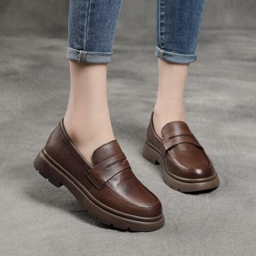 First Layer Cowhide Single Shoes Round Toe Mid-heel Low-top Shoes Female British Style Leather Shoes Casual Single Shoes