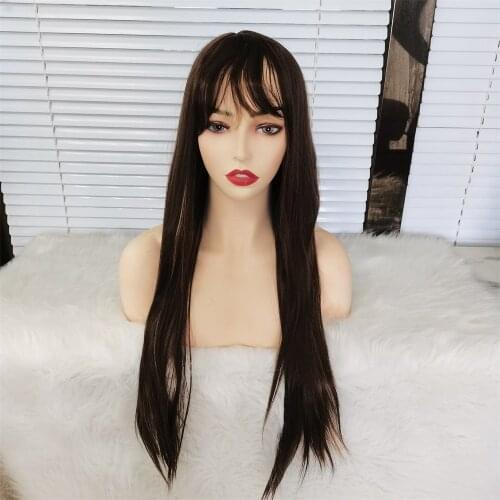 Long Straight Synthetic Full Machine Wigs With Bangs Heat Resistant Fiber Hair Daily Use Mixed Brown Colored Wig For Women