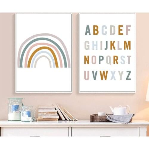 English Alphabet Poster Cartoon Rainbow Kindergarten Childrens Room Baby Room Decor Pre-school Education Wall Art Decor Kids