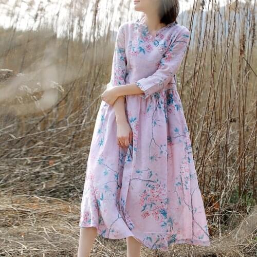 Fashion V Neck Ruffles Peach Flower Print Lined Pure Ramie Linen Dress, Spring Summer Double Layers Large Hem Pleated Dresses