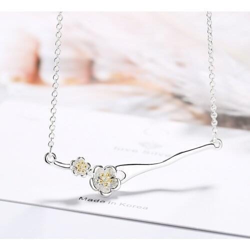 Simple Literary Cherry Blossom Flower Branch Pendant Necklace Clavicle Chain 925 Sterling Silver Necklace For Women collar Kolye