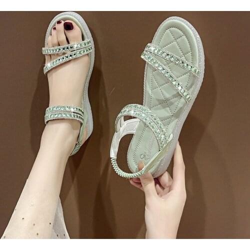 Womens Flat Sandals Summer New Muffin Shoes Rhinestone Elastic Band Sports Beach Shoes
