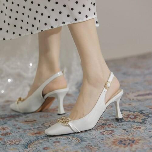 New Metal Chain Square Head Women Sandals 2022 Spring Summer Mid Heel Hollow Shoes Fashion Womens Shoes Obuv Zapatos Mujer