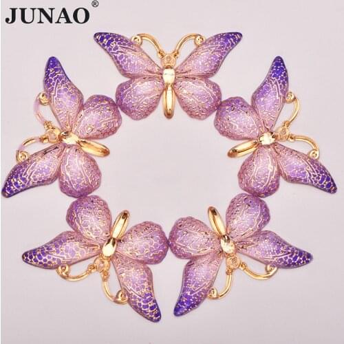 JUNAO 25x38mm Purple AB Sewing Butterfly Rhinestones Crystal Stones Applique Flat Back Resin Scrapbook Strass For Crafts