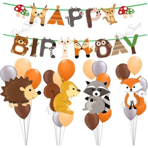 Forest Theme Party Decor Fox Hedgehog Squirrel Raccoon Foil Balloons Birthday Woodland helium balls Baby Shower Animal Banner