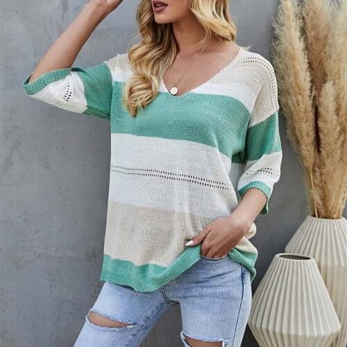 Knitted Long Sleeve Sexy V-neck T Shirt Women Clothes Summer Fashion Loose Tops Casual Streetwear Plus Size Tee Shirt