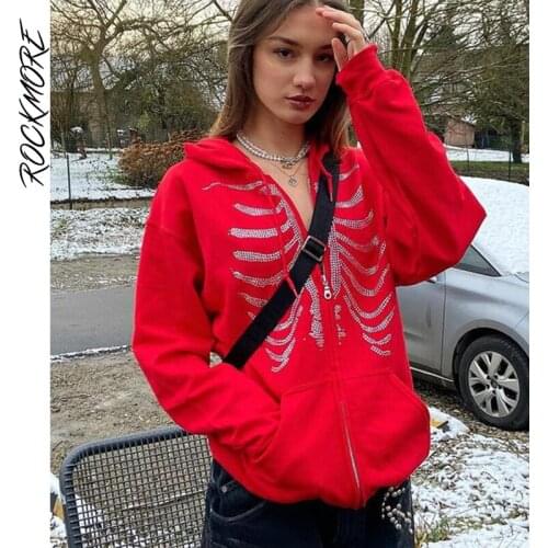 Rockmore Gothic Vintage Oversized Hoodie Y2K Aesthetic Skeleton Diamonds Zip Up Sweatshirts Women Autumn Jacket Fairy Grunge New
