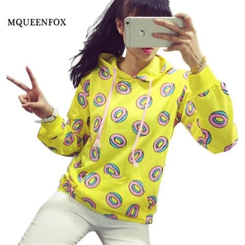 Harajuku Donut Print Hoodies Sweatshirts Women 2020 New Fashion yellow Long Sleeves Loose Pullovers Casual Tops large size M-XL