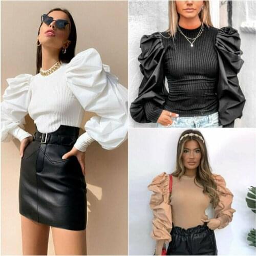 Women Ladies Puff Sleeve Tops Pullover Sweater Blouse Baggy Jumper Ribbed Shirt