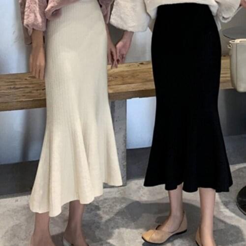 Womens skirts new spring 2021 Chic Ruffles Slim High Waist Mermaid Women Wild Solid Wrap Hip Knitted Long high waist Skirts