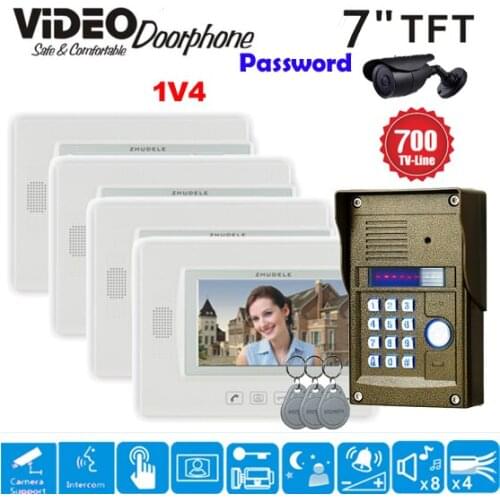 ZHUDELE Home Security Wired 7" Touch Screen Video Door Phone Intercom 3 Monitor + Outdoor RFID Access Camera Power Supply