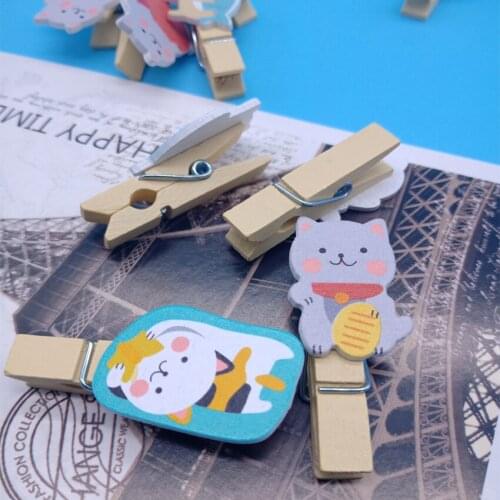 10pcs/lot Lucky Cat Wood Clips Mini Photo Paper Craft Clip School Decoration Stationery With Hemp Rope Party deco