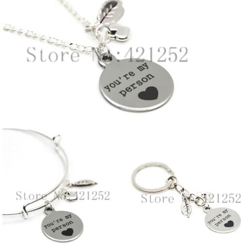 12pcs You're My Person Silver toned Expandable, Stacking Bangle-Greys Anatomy themed Best Friends necklace Bracelet keyring
