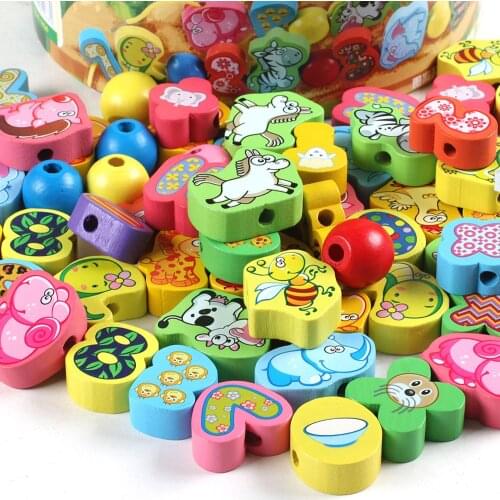 Free Shipping 63PCS Animal and Food Pairing Wood Beads Rope DIY Toys Children Wooden Block Baby Montessori Kindergarten Supplies