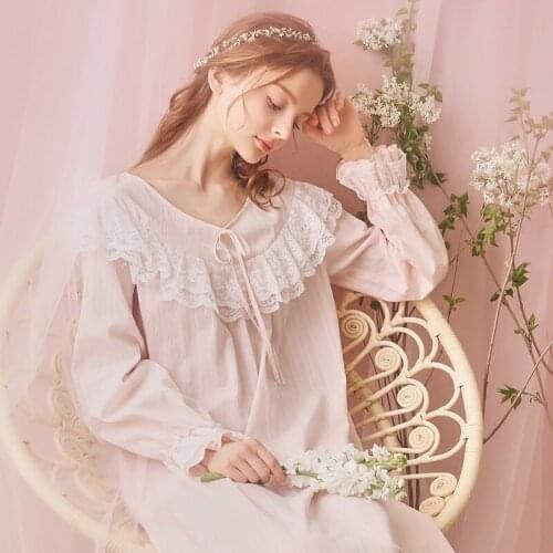 Free Shipping 100% Cotton Princess Nightdress Royal Nightgowns Womens Long Pijamas Purple and Pink Sleepwear Girl Home Cloth