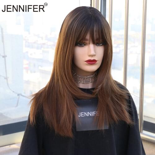 Long Silky Straight Synthetic Wigs for Women Honey/Black color with bangs Wigs for Women Heat Resistant Cosplay/Daily Wig Hair
