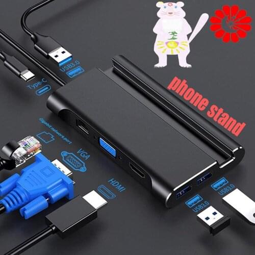 7 in 1 type-c hub docking station vga+hdmi+USB3.0+network port+PD with phone stand hub for MacBook Samsung Huawei converter