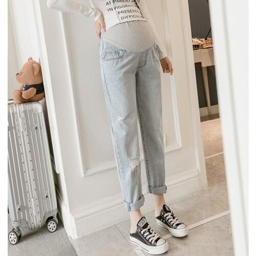 08509# Maternity pants Summer Hole Decoration Maternity Jeans Belly Support Pants Elastic Waist Maternity Trousers