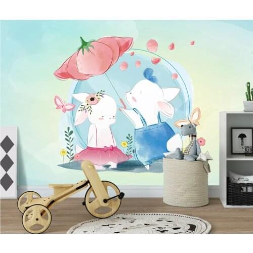 Carton Rabbit Unmbella Wall Paper Mural Tapeta Dziecieca Photo Wall Papers Roll Contact Paper Waterproof Canvas Wall Cover