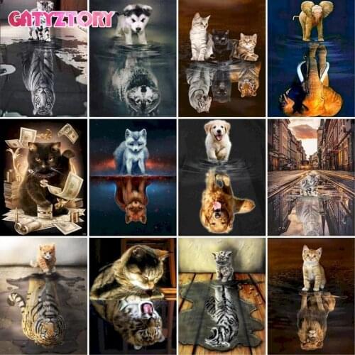 GATYZTORY 5D DIY Diamond Painting Cat Full Square Diamond Embroidery Animals Reflection Mosaic Rhinestone Picture Hobby Home Dec
