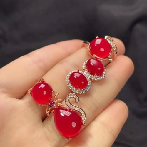 LETSFUN Fine Jewelry 925 Silver Inlaid Natural Red Chalcedony Pendant Necklace Ring Bracelet Earring Set s
