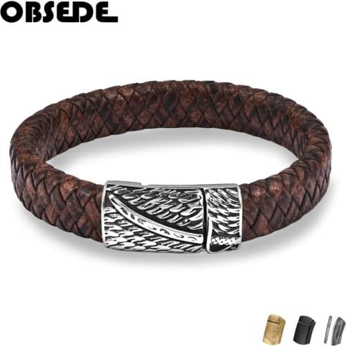 Punk Men Jewelry Leather Bracelet Stainless Steel Magnetic Clasp Braided Brown Bangle Retro Wristband Man Accessories Party Gift