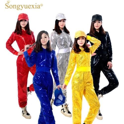 SONGYUEXIA Adult Jazz Hiphop Modern Dance Wear Paillette Stage Performance Clothing woman sequins Cheerleading dance costuems