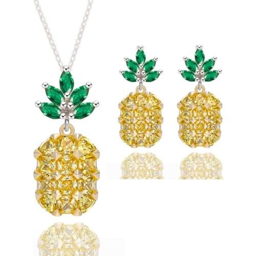 Ociki Crystal Cubic Zirconia Yellow Pink Pineappple Necklace and Earrings Jewelry Set Rose Gold Color for Women Drop Fruit