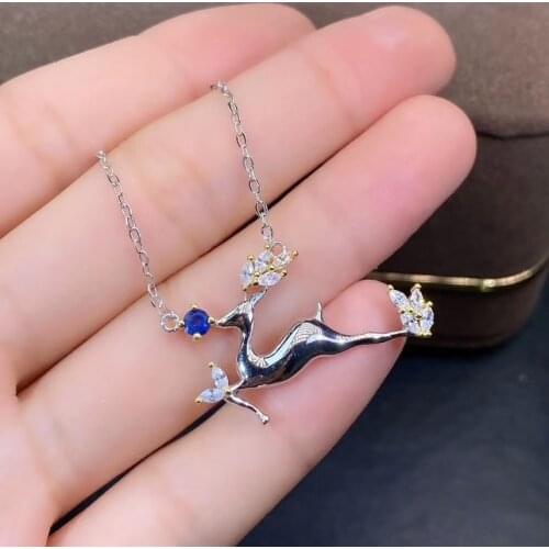 Love Deer Sytle 100% New Arrival Natural and Real Sapphire Necklace 925 Sterling Silver Female Party Jewelry