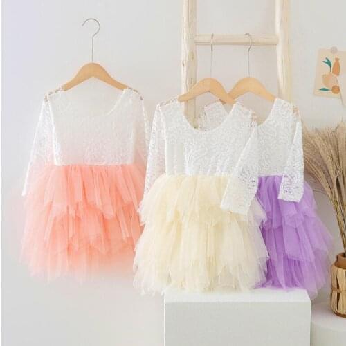 New Baby Girls Long Sleeve Lace V-back Cake Dress , Girls Princess Sweet Flower Clothes 6 pieces/lot