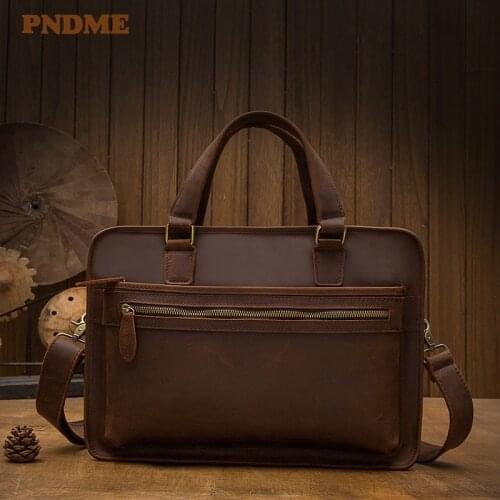 Fashion retro handmade crazy horse cowhide men womens briefcases casual business laptop handbags genuine leather messenger bags