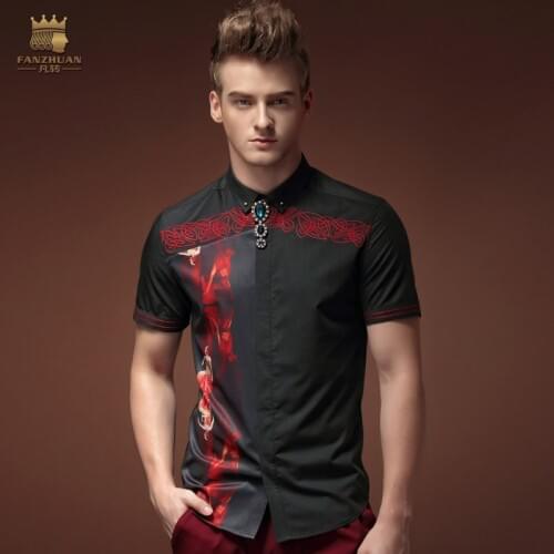 Free Shipping New mans 2015 fashion casual summer male short sleeve black flower floral shirt collar 15309 personality fanzhuan