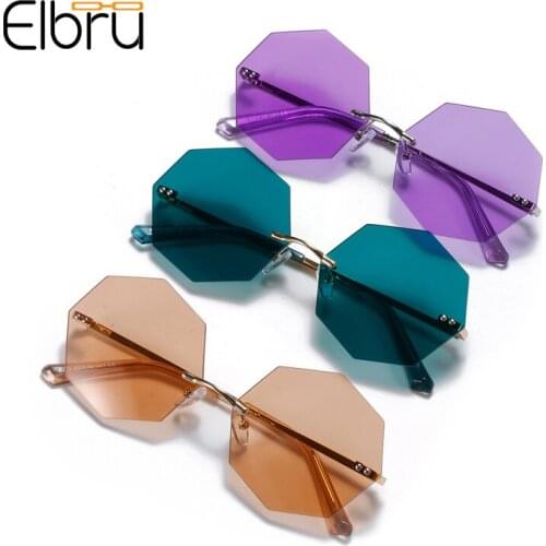 Elbru Polygon Rimless Sunglasses For Women Vintage Clear Colorful Lens Sun Glasses Octagonal Metal Sungshades For Men Driving