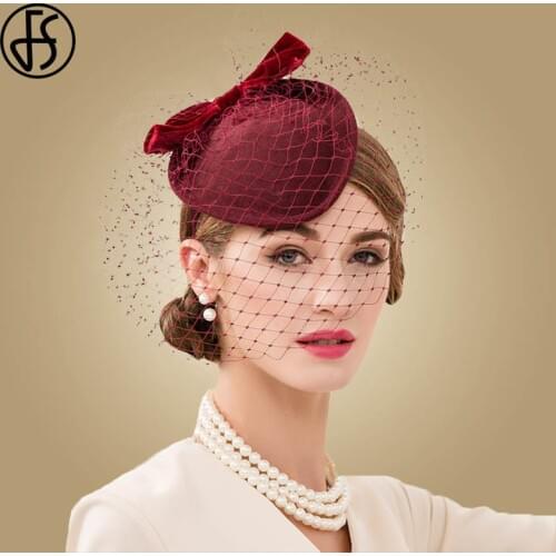 FS Wine Red Wedding Fascinators Hats For Women Elegant Formal Church Wool Felt Pillbox Hat With Veils Lady Derby Cocktail Fedora