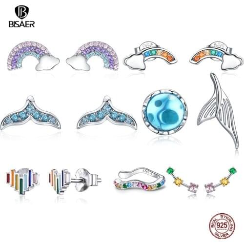 BISAER Trendy 925 Sterling Silver Pink Rainbow Small Stud Earrings Cheap Women Earrings Sterling Silver Brincos Jewelry ECE578