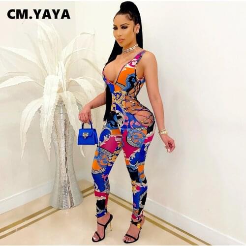 CM.YAYA Print Sleeveless Bandage Hollow Out Elastic Bodycon Jumpsuit Women Sexy Night Club One Piece Set Summer Fashion Outfit
