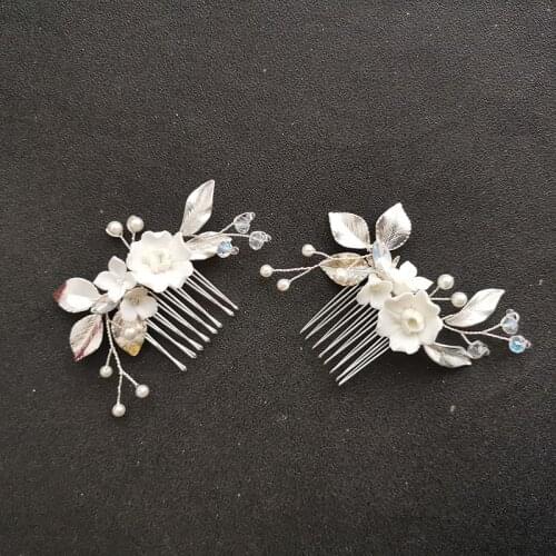 SLBRIDAL Handmade Ins Style Pearls Ceram Flower Bridal Hair Comb Wedding Headdress Hair Accessory Bridesmaids Women Jewelry