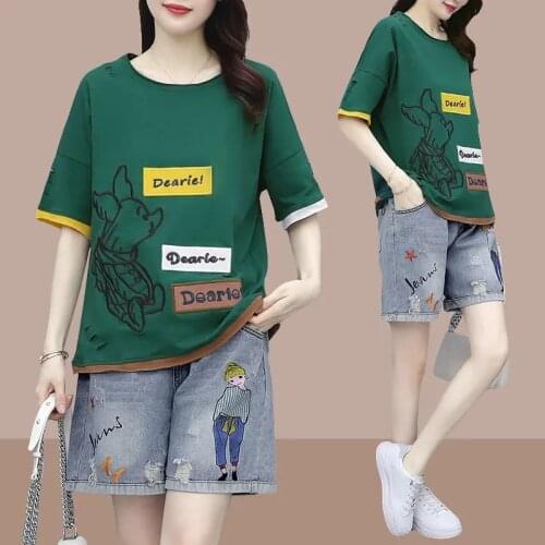 Single/Set Female 2021 Summer Art Retro Round Neck Two Piece T-Shirt Korean Version Of Short-Sleeved Top Ripped Jeans Suit Women