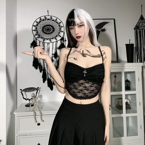 Lady Drawstring Transparent Strapless Metal Cross Cool Basic Camisole Short Top Sexy Gothic Lace Black Women Camis 2021 Summer