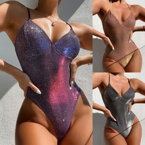 New Swimming Suit for Women Shiny One Piece Swimsuit Women Swimwear Sexy V Neck High Cut Swimming Suit Female Bodysuit Beach