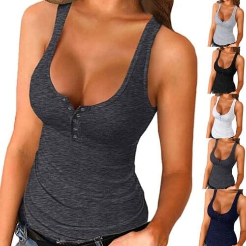 Womens Summer Sleeveless Tank Top Sexy Low Cut U-Neck Button Down Camisole Vest Ribbed Knit Solid Color