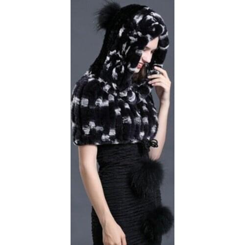 100% Real Rex Rabbit Fur cap shawl One body Fox Fur ball cap shawl Fashion warm Small cloak free shipping