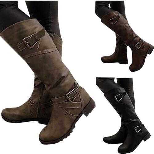 2020 Womens boots autumn winter new Knee-High boots sleek comfort Buckle flat boots gladiator tall booties Plus Size 34-43