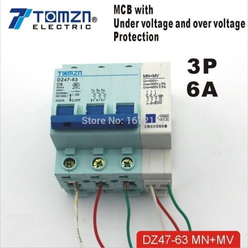 3P 6A 400V~ 50HZ/60HZ MCB with over voltage and under voltage protection Mini Circuit breaker C45 C type