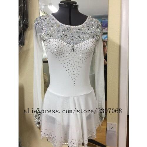 White ice skating dresses for girls competition figure skating dresses custom spandex crystals kids ice clothes free shipping